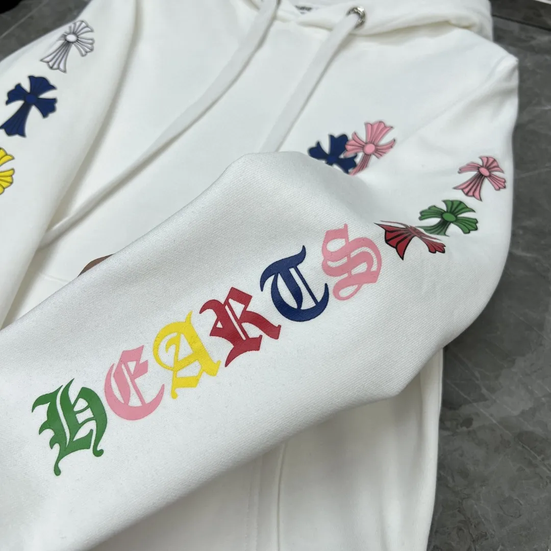 P260 Chrome Hearts Autumn and Winter 25ss counters are on sale simultaneously ❤️ Chrome classic scroll letter color cross group flower arm hooded sweatshirt Imported environmentally friendly glue printing and dyeing Improved customized version 1:1 high-gram weight high-quality fabric Recommended color: black white Size: S, M, L, XL